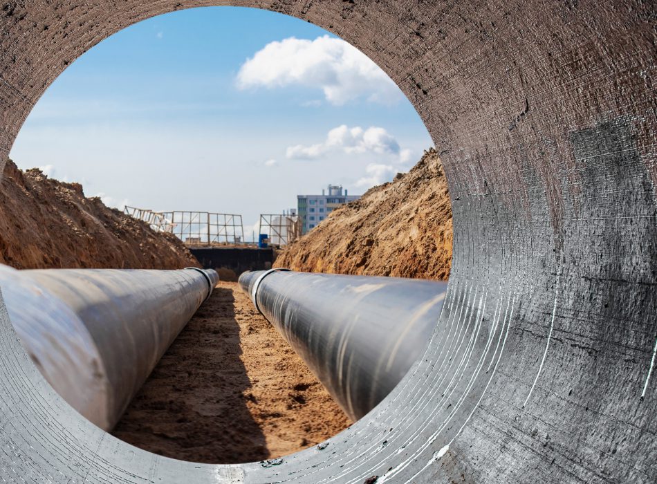 Modern water supply and sewerage system. Underground pipeline works. Water supply and wastewater disposal of a residential city. Close-up of underground utilities. View from the big pipe.